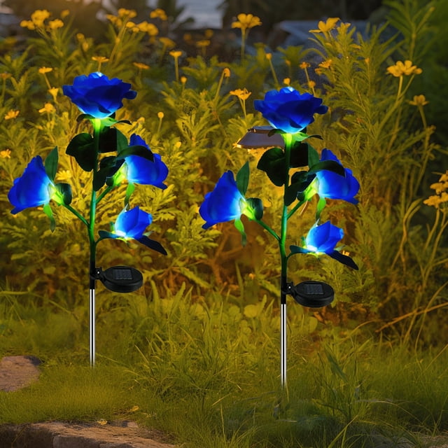 Luces solares con forma de rosa para decoración de jardín | Paquete de 2 luces solares exteriores con forma de flor y estacas para decorar caminos, patios y terrazas