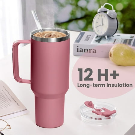 

40 oz Tumbler With Handle and Straw Lid 2-in-1 Lid (Straw/Flip) Vacuum Insulated Travel Mug Stainless Steel Tumbler for Hot and Cold Beverages Easy to Clean (Mauve Me)