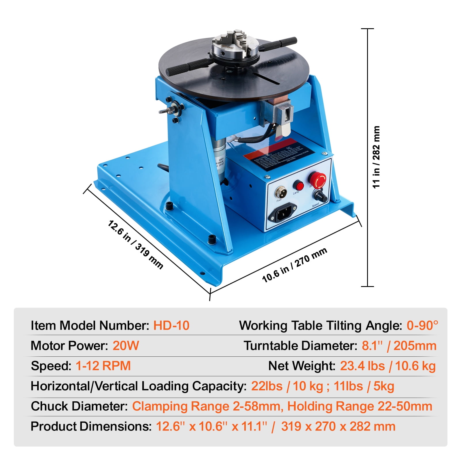 SKYSHALO Rotary Welding Positioning Machine 10KG, 0-90° Welding Positioning Turntable with 8.1" 3 Jaw Lathe Chuck