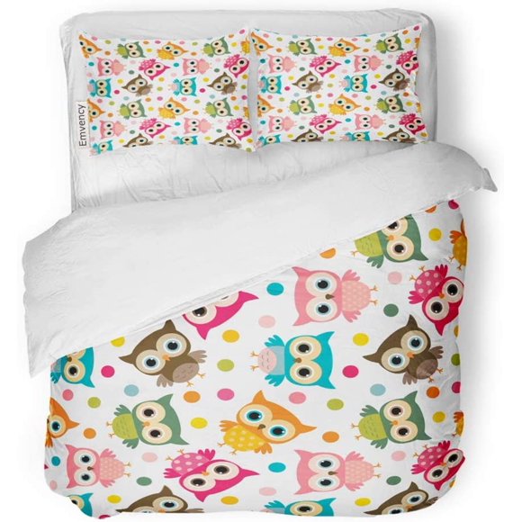 POGLIP 3 Piece Bedding Set Blue Pattern Cute Colorful Bird Owls and Dots Stationery Designs Green Kawaii Twin Size Duvet Cover with 2 Pillowcase for Home Bedding Room Decoration