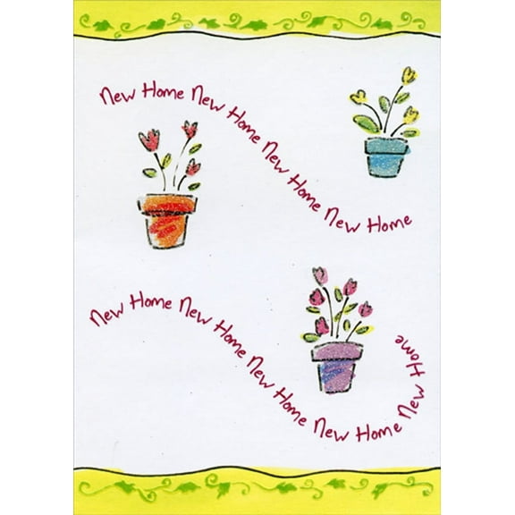 Designer Greetings New Home Repeated : 3 Sparkling Flower Pots New Home Congratulations Card