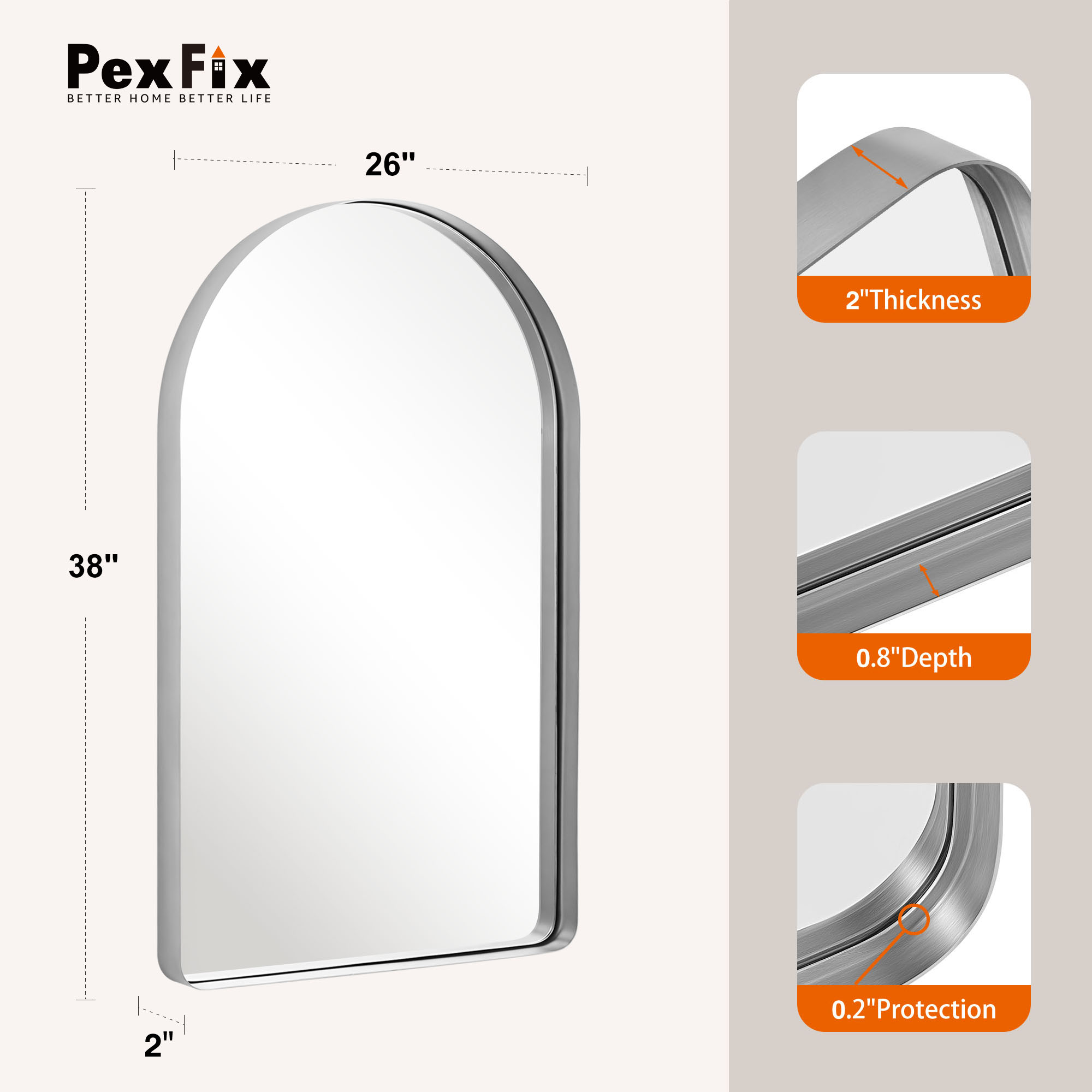 38"x26" Aluminum Alloy Wall Mount Rounded Corner Arched Mirror,Silver