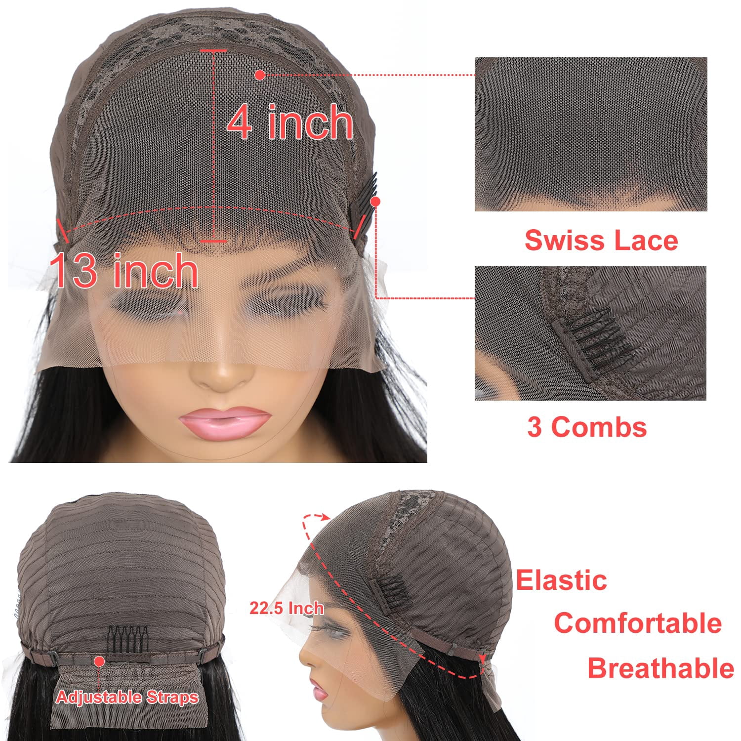 Straight Lace Front Wigs Human Hair Wigs Pre Plucked 13x4 Transparent HD Lace Frontal Wigs For Women Brazilian Virgin Human Hair Natural Black 22 Inches