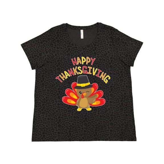 Inktastic Happy Thanksgiving Cute Turkey in Pilgrim Hat Women's Plus Size T-Shirt