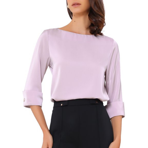 DARING DIVA Women's Satin Boat Neck 3/4 Sleeve Business Shirt XS Purple