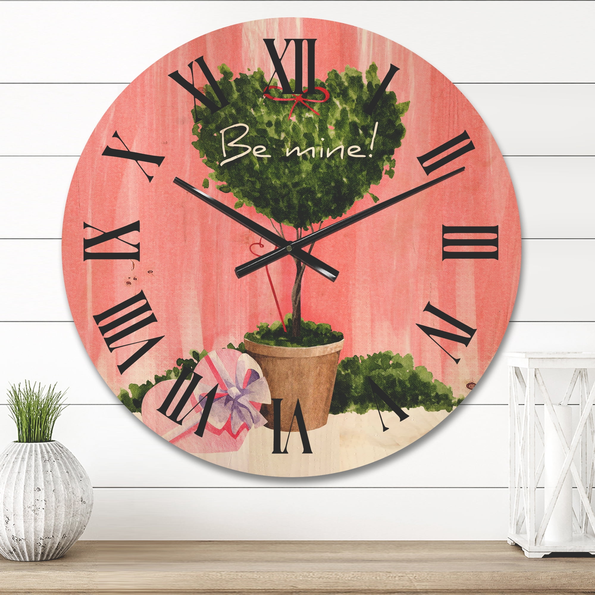 Designart 'Be Mine Heart Shaped Valentine House Plant' Farmhouse Wood Wall Clock