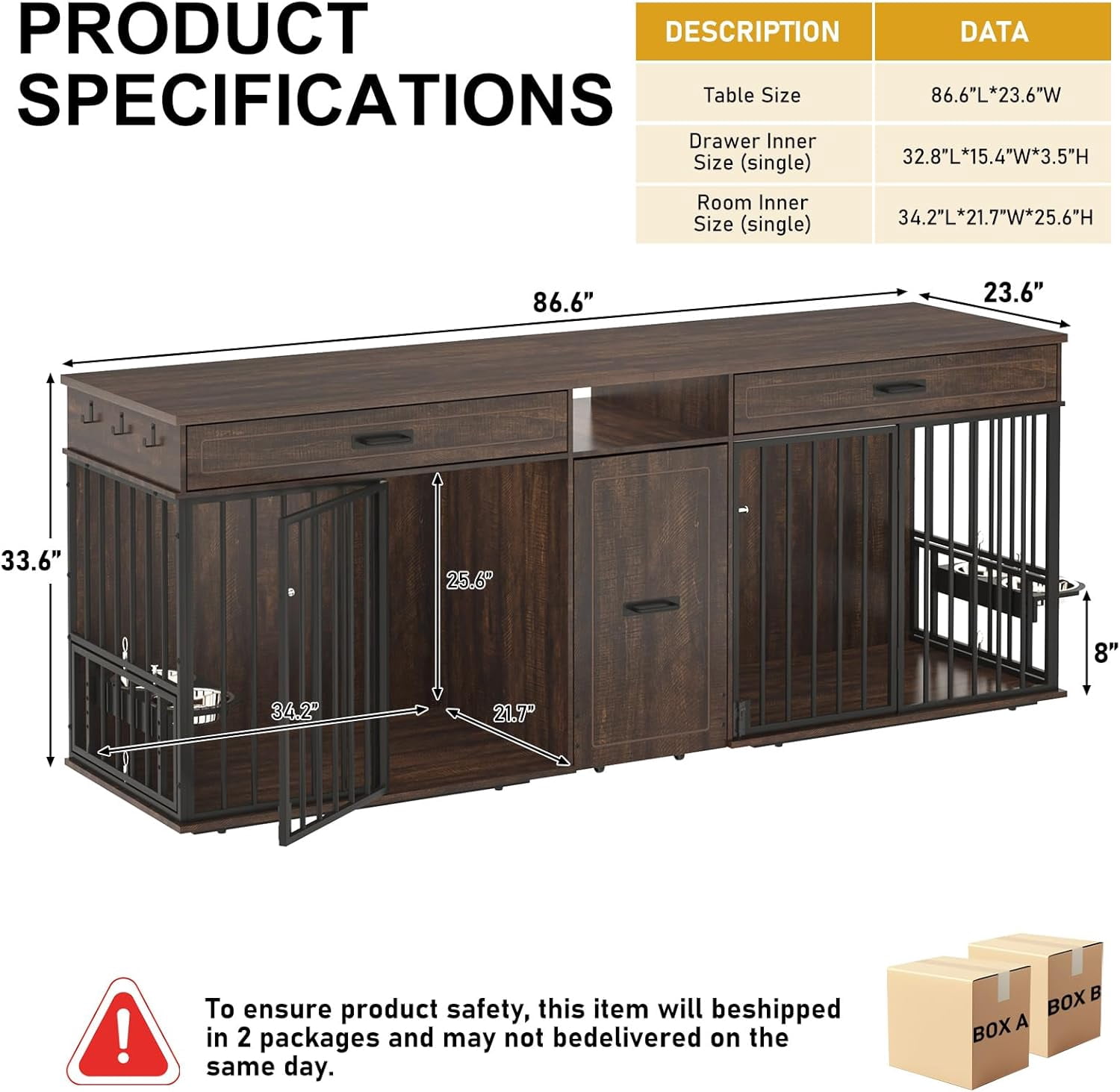 ChVans 86.6" Dog Crate Furniture TV Stand for Large Breed Dogs, Wooden Kennel with Dual rooms, Dog Bowl, 2 Drawers &  Cabinet for Medium-Large Dogs