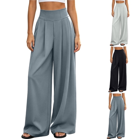 Women High Waist Wide Leg Pants Pleated Front Elastic High Waist Loose Dressy Business Office Trousers S