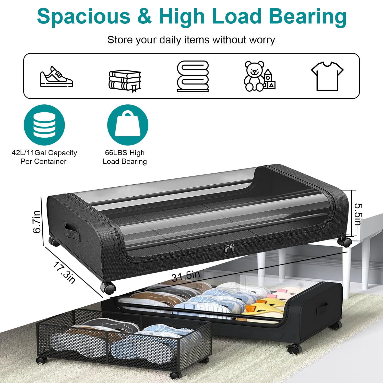 Moclever Under Bed Storage Containers Rolling Clothing Organizer 42L/11Gal Under Bed Drawers with Clear Lid 360° Lockable Rolling Wheels Strap Handles 2Pack