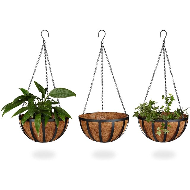 Juego de 3 macetas colgantes cesta plantas de coco de 30 cm de diámetro 21 L con cadena, marrón Adepaton QH-1178