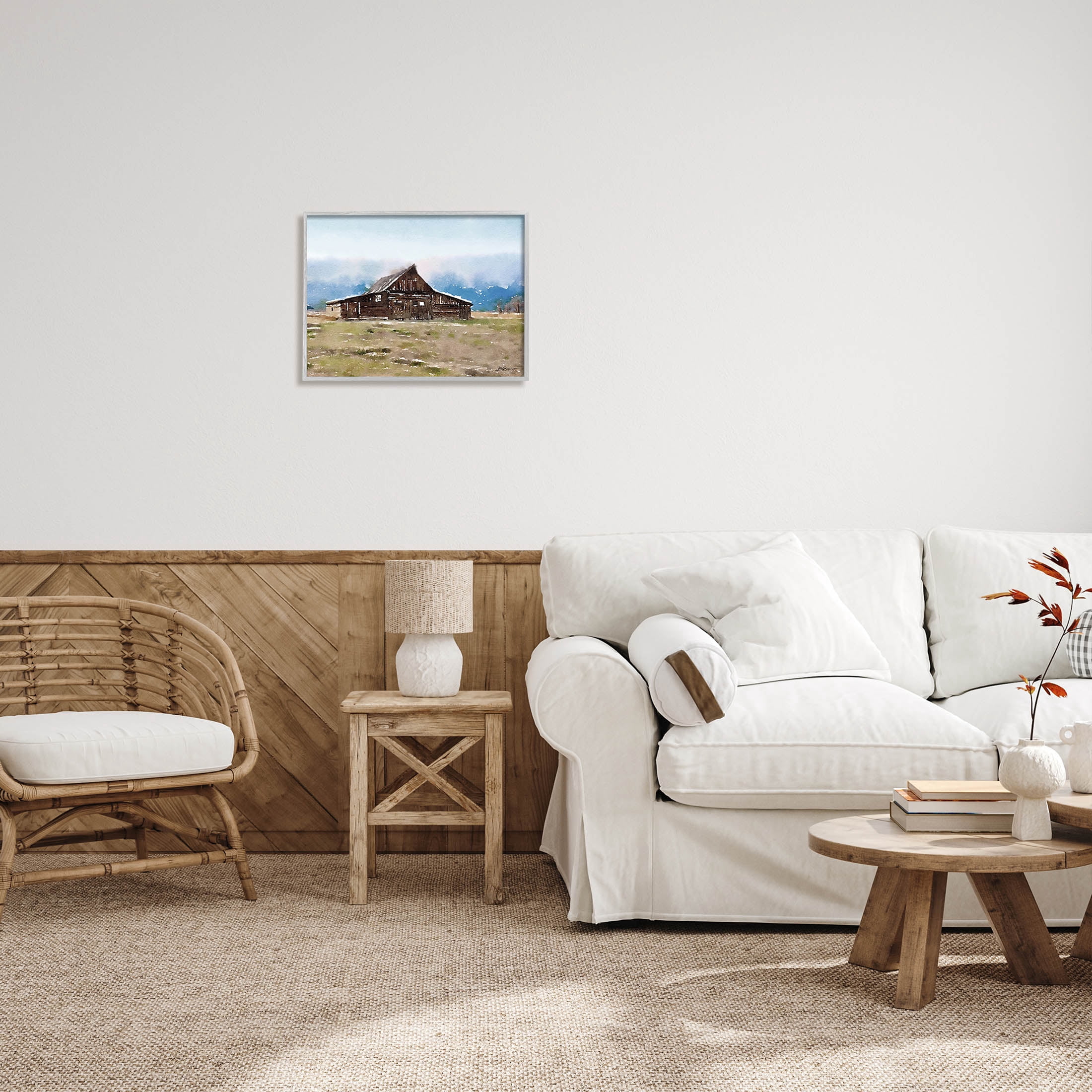 Rural Countryside Cabin Landscape Landscape Painting Gray Framed Art Print Wall Art