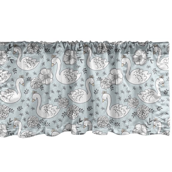 Ambesonne Swans Window Valance, Hand Drawn Flowers and Birds, 54" X 12", Pale Blue Grey and White