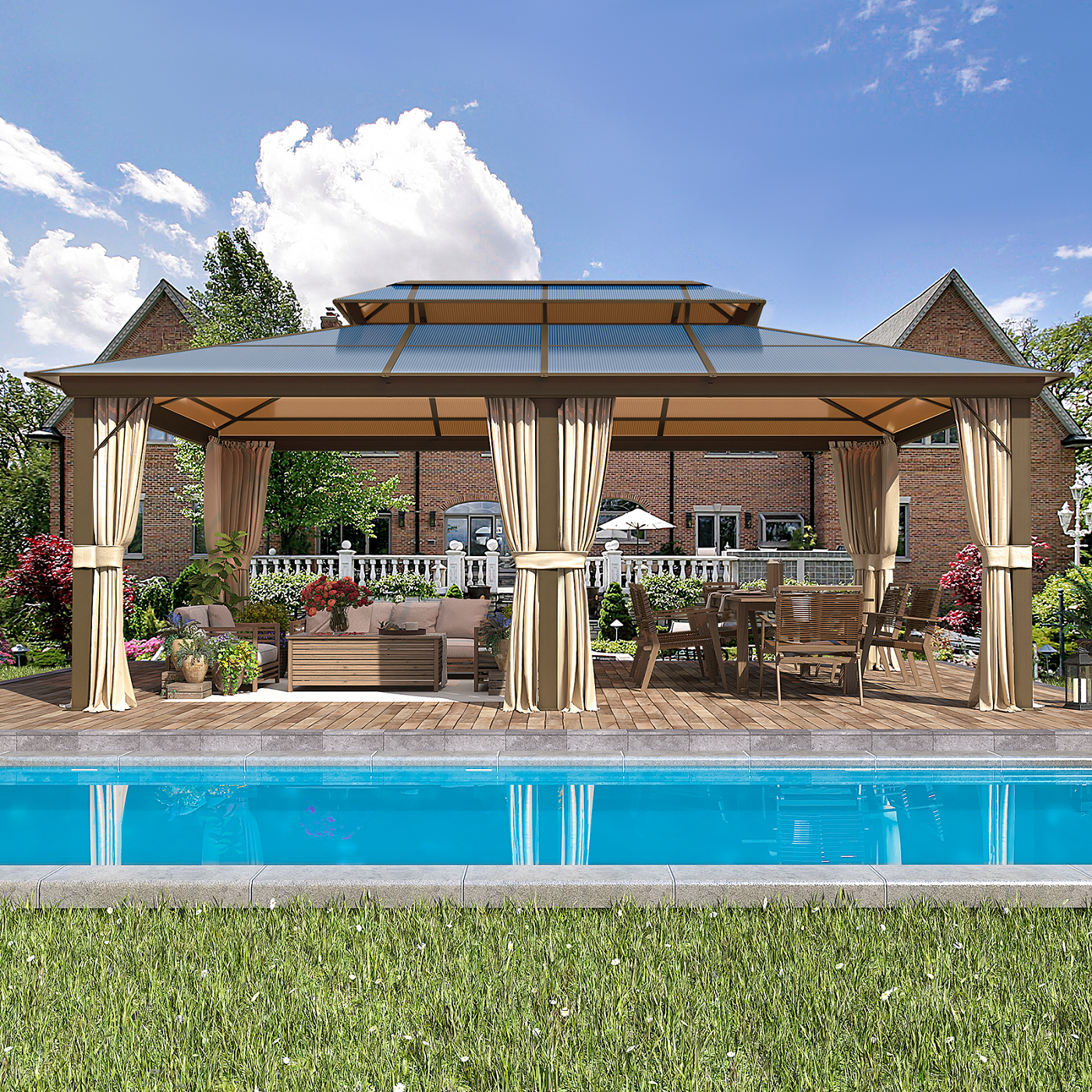 EROMMY 12'x20' Gazebo Polycarbonate Double Roof Canopy with Aluminum Frame, Outdoor Permanent Metal Pavilion with Netting and Curtains for Garden Patio Lawns