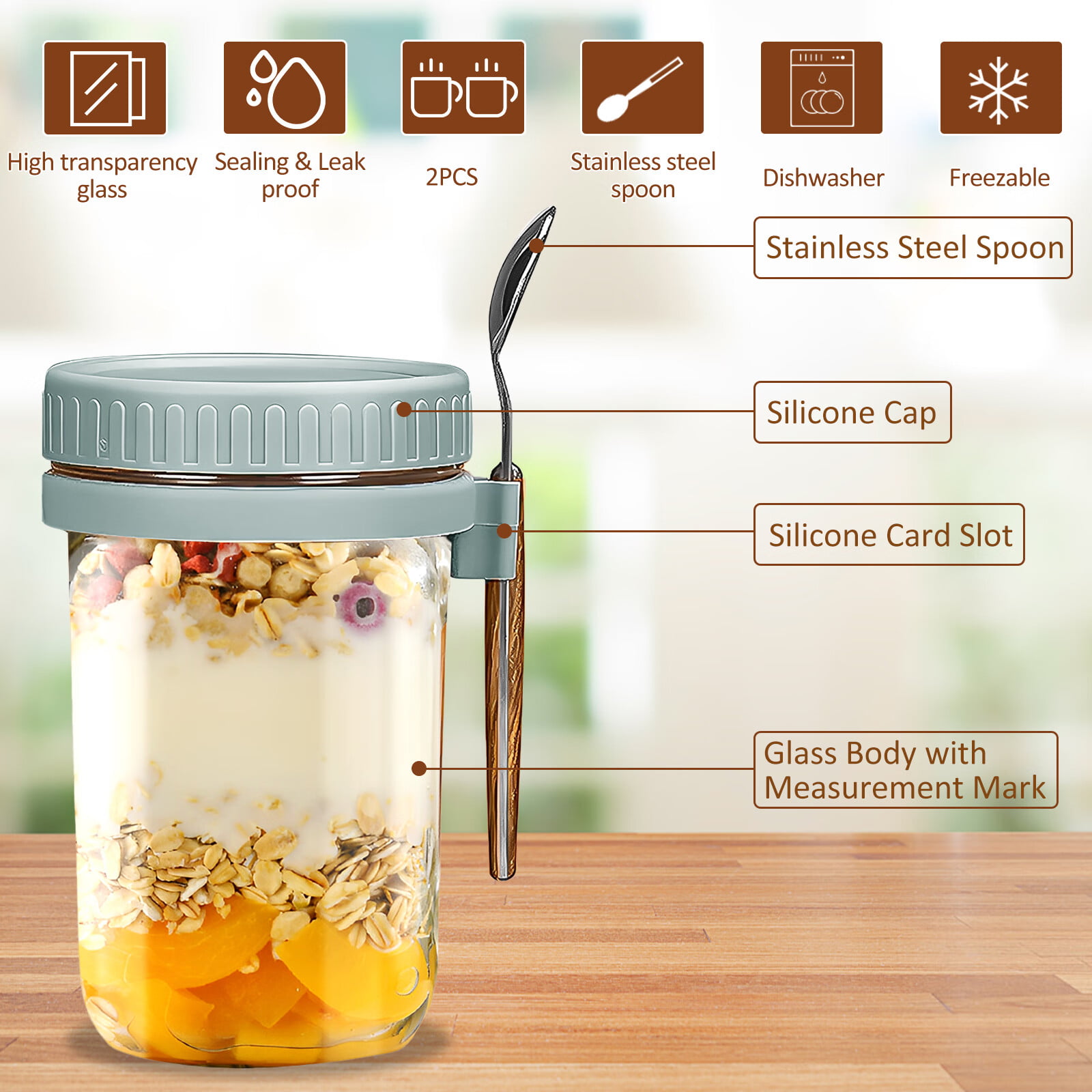 1pc white Overnight Oats Jars, Overnight Oats Container with Lid and Spoon,  16 oz 、 Container with Measurement Marks Suitable for Cereal, Milk,  Vegetable and fruit Salad Storage