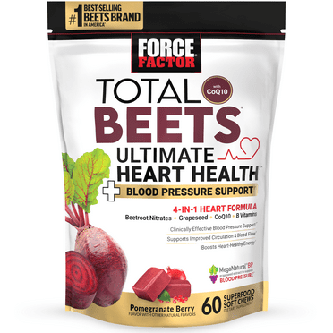Total Beets Ultimate Heart Health Chews for Blood Pressure Support, with Beetroot Powder, CoQ10, B Vitamins & Grapeseed Extract for Blood Flow & Energy, Pomegranate Berry, 60 Soft Chews, Force Factor