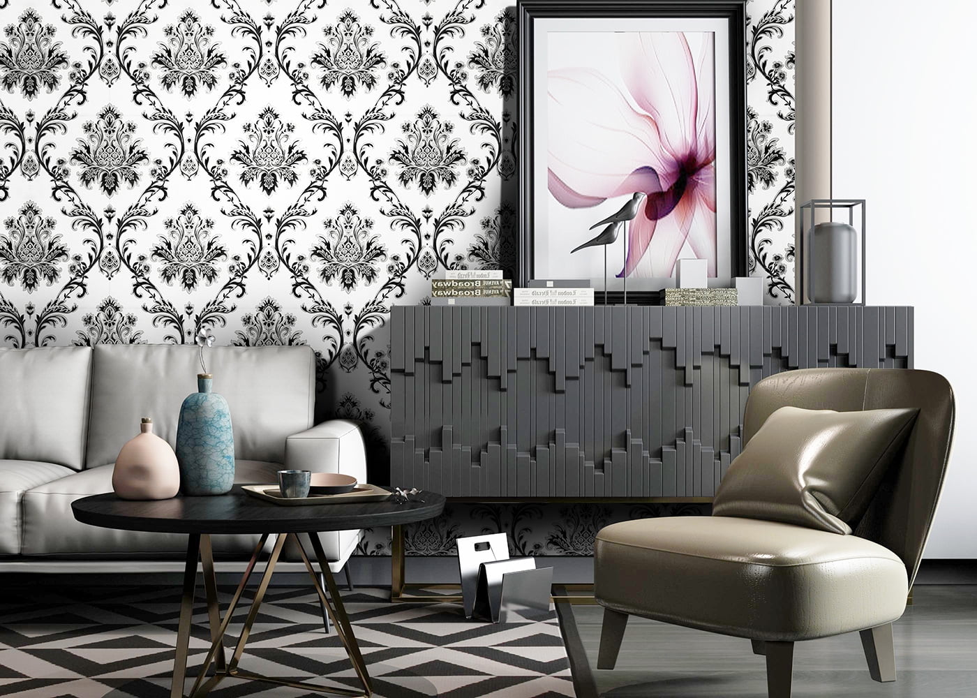 Black/Silver/White/Gray Damask Embossed Textured Thick Wallpaper Roll for Living Room Bedroom Decorative 20.86“ x 32.8'