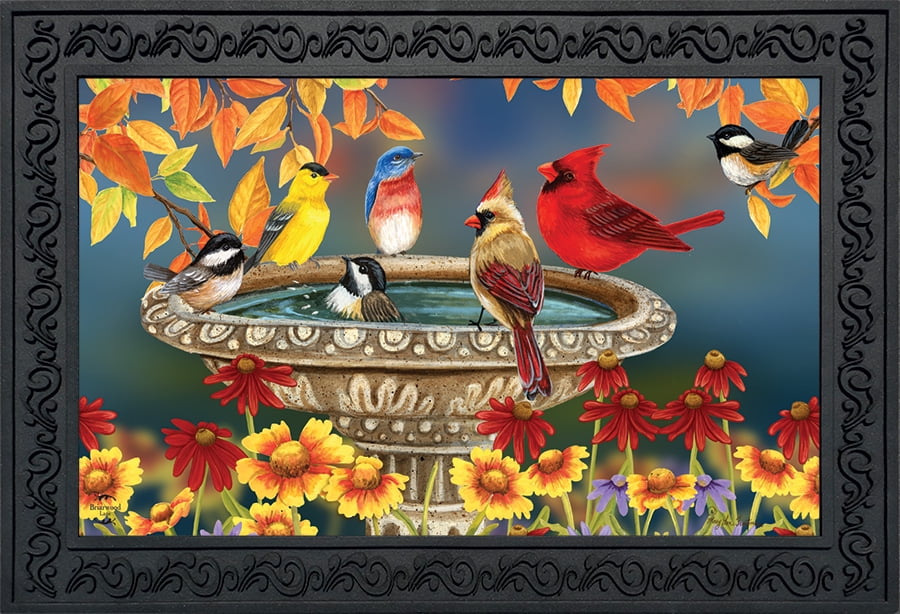 Fall Birdbath Floral Doormat Cardinals Bluebird Indoor / Outdoor 18' x 30'