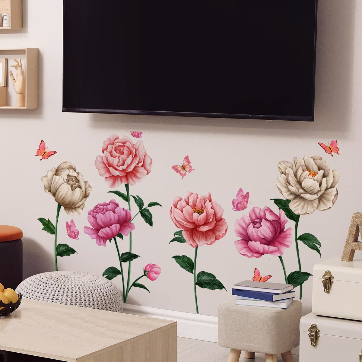 Watercolor Roses Wall Decals Peony flower wall stickers, plant flower stickers Peel and Stick Wall Art Decals for Living Room Bedroom Office Wall Decor glass decals(Red & White Watercolor)