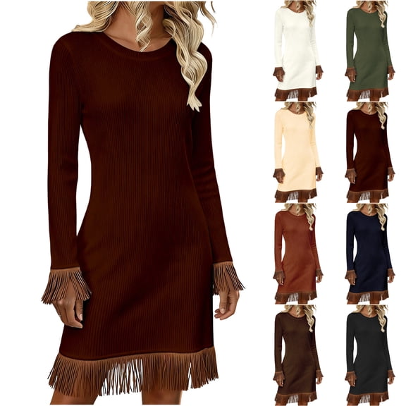 Juesizh Long Sleeve Dress for Women Round Neck Midi Dress Fashion Slim Solid Color With Tassels Casual Dress, S-2XL