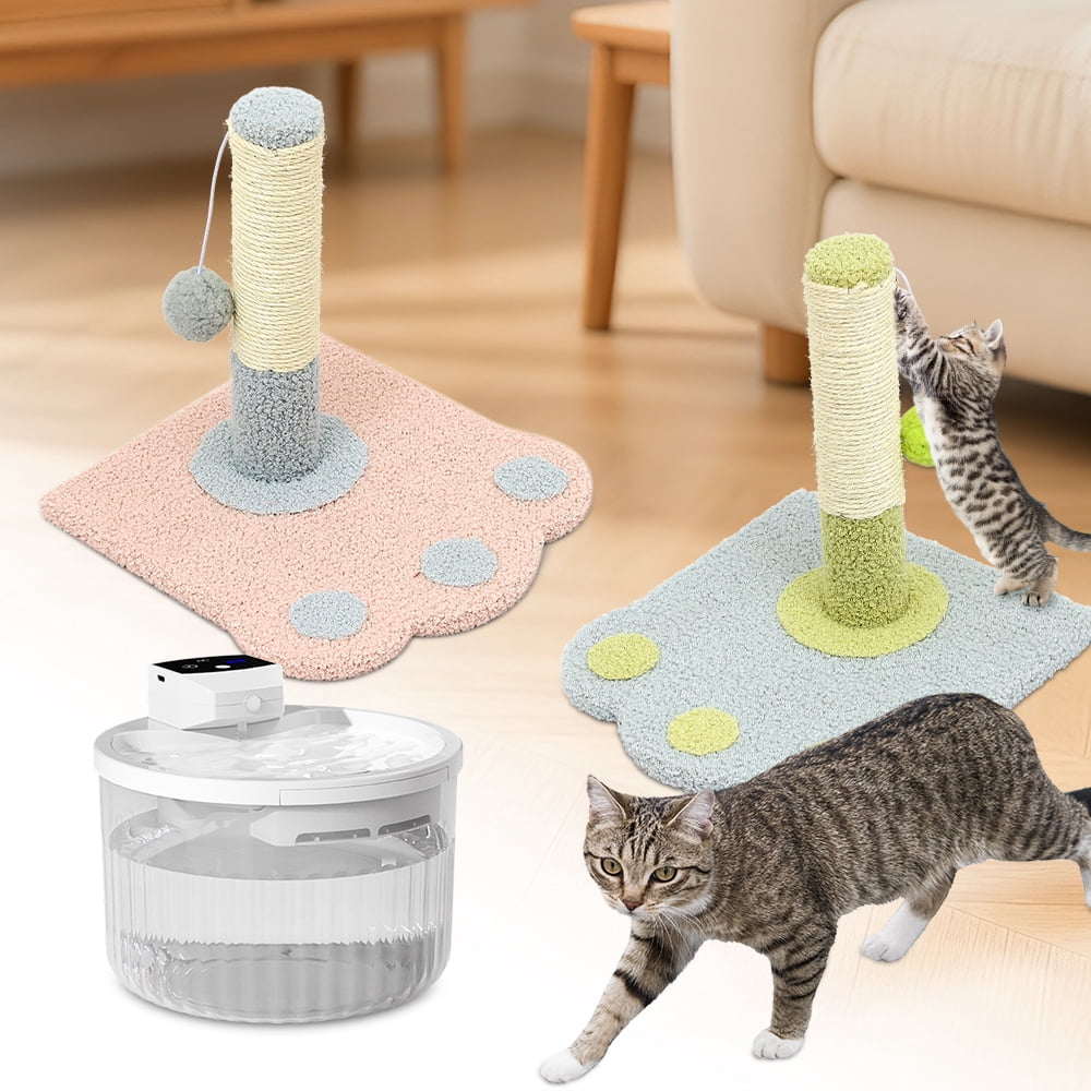 Automatic Cat Water Fountain + Scratching Tower, 2000ML Transparent Tank with Motion Sensor, No Daily Refills Needed, Leak-Proof Quiet Pump