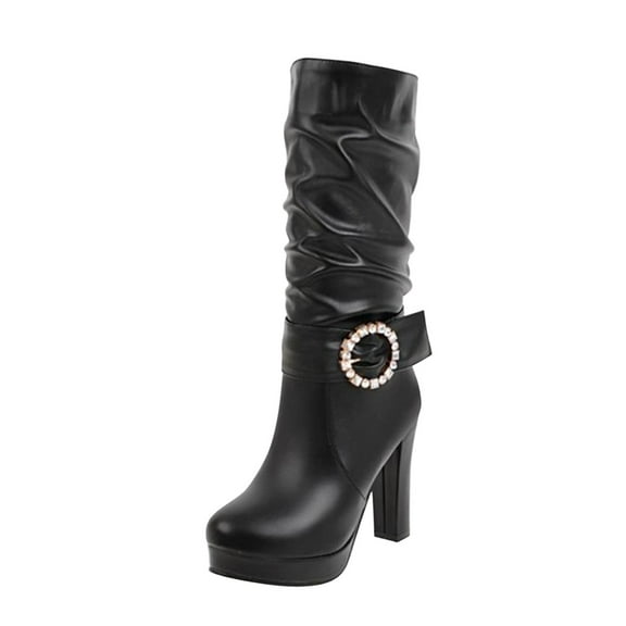 Fesfesfes Riding Boots For Women Shoes Fashion Solid Color Mid-calf Round Toe High Heel Slip-on Knight US:7(39)