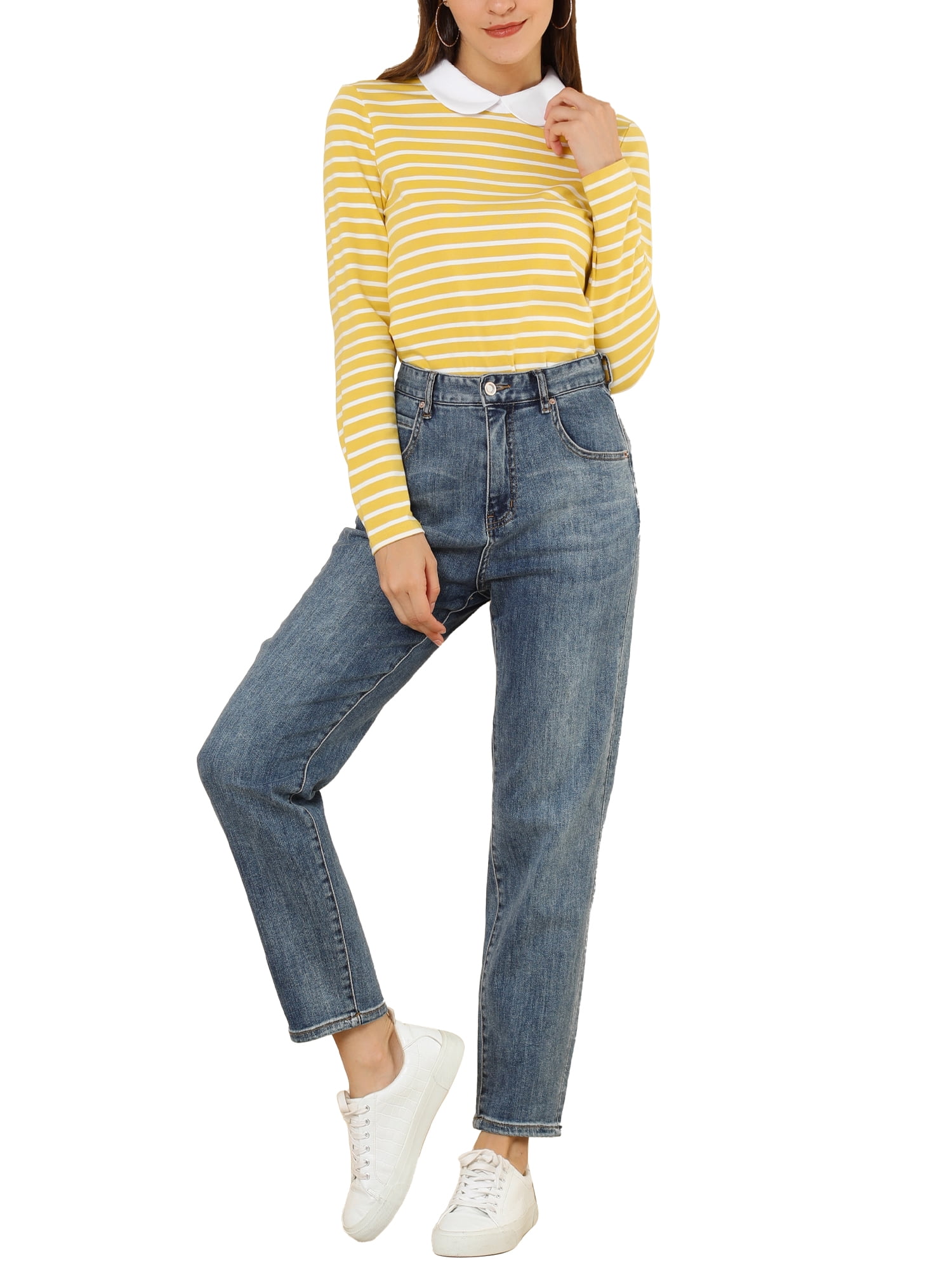 DARING DIVA Peter Pan Collar Striped Top M Yellow