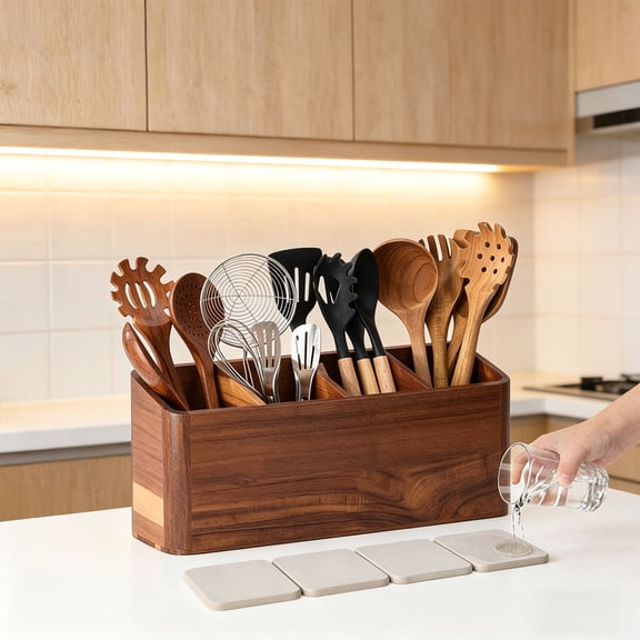 iFCOW Wooden Utensil Holder for Kitchen Counter, 4 Compartment Acacia Wood Utensil Organizer with 4 Pack Quick-Dry Diatomite Pads, Slanted Opening Countertop Caddy for Cooking Tools