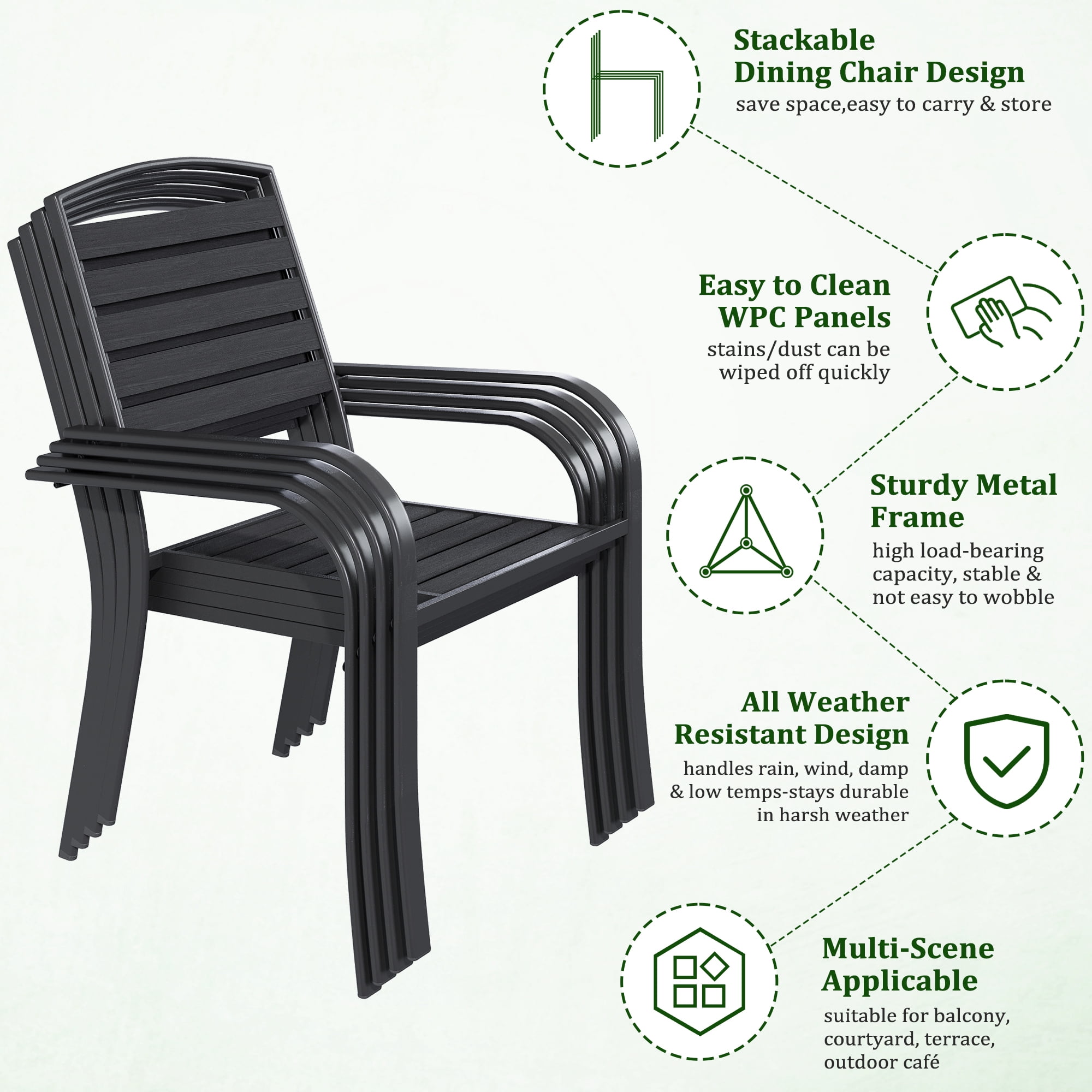 Vicluke Outdoor Dining Chairs Set of 4, Black Stackable Patio Dining Chairs with WPC Seat, Heavy Duty Metal Frame Wrought Iron Bistro Chairs with Armrests, 300 Lbs for Patio, Deck, Porch, Backyard