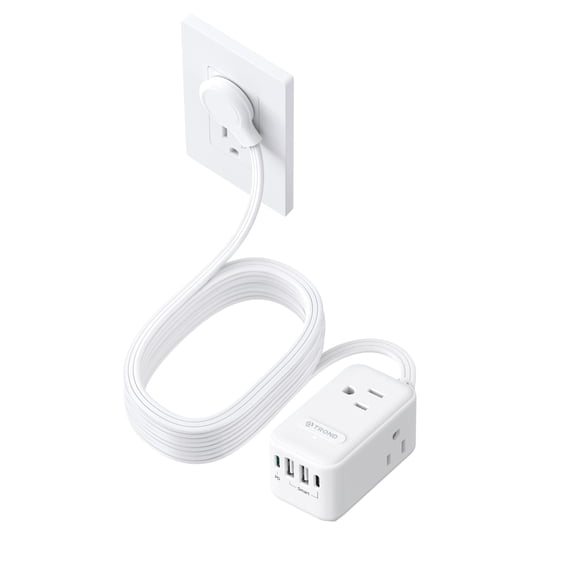 TROND Flat Plug Extension Cord Indoor with PD 20W USB C, 15ft Right Angle Small Power Bar, 3 Way Multiple Outlets, 4 Charging Ports (2 USB-