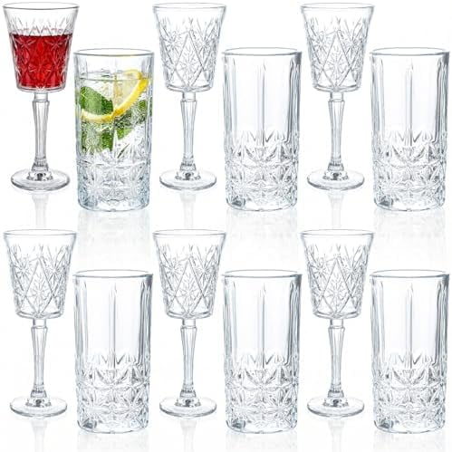 Set of 12 Drinking Glassware 6 Highball Glasses 12 oz 6 Glass Goblets 10 oz Clear Fancy Cups Vintage Textured Designer Glassware for Cocktail Tea Water Beer Soda Beverages, Dishwasher Safe