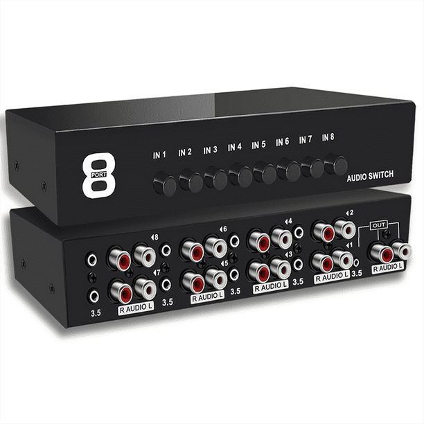 Conmutador de Audio Estéreo Bidireccional de 3,5 mm con Entrada Auxiliar + L/R, Selector de Audio Analógico de 8 Entradas y 1 Salida A/B