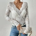 thumbnail image 4 of Hpapadks Summer Tops for Women Lightweight Floral Lace Sheer Transparent Long Sleeve V Neck Slim Shirt Womens Plus Size Tops White L, 4 of 5