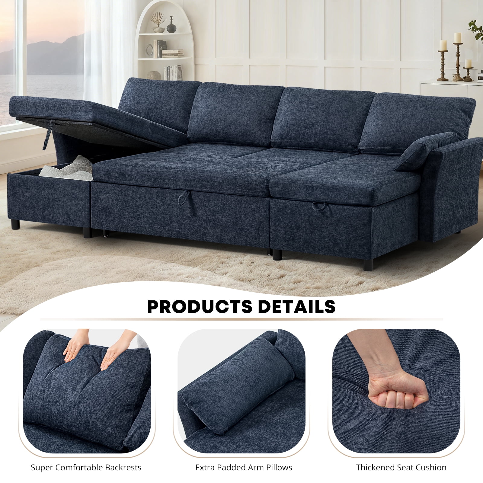 ACMEASE 107 Inches Fabric Sectional Sofa with Pull Out Sofa Bed, Modern U Shaped Sofa with Throw Pillows, Comfortable Sleeper Couch with Storage Chaise for Living Room, Blue