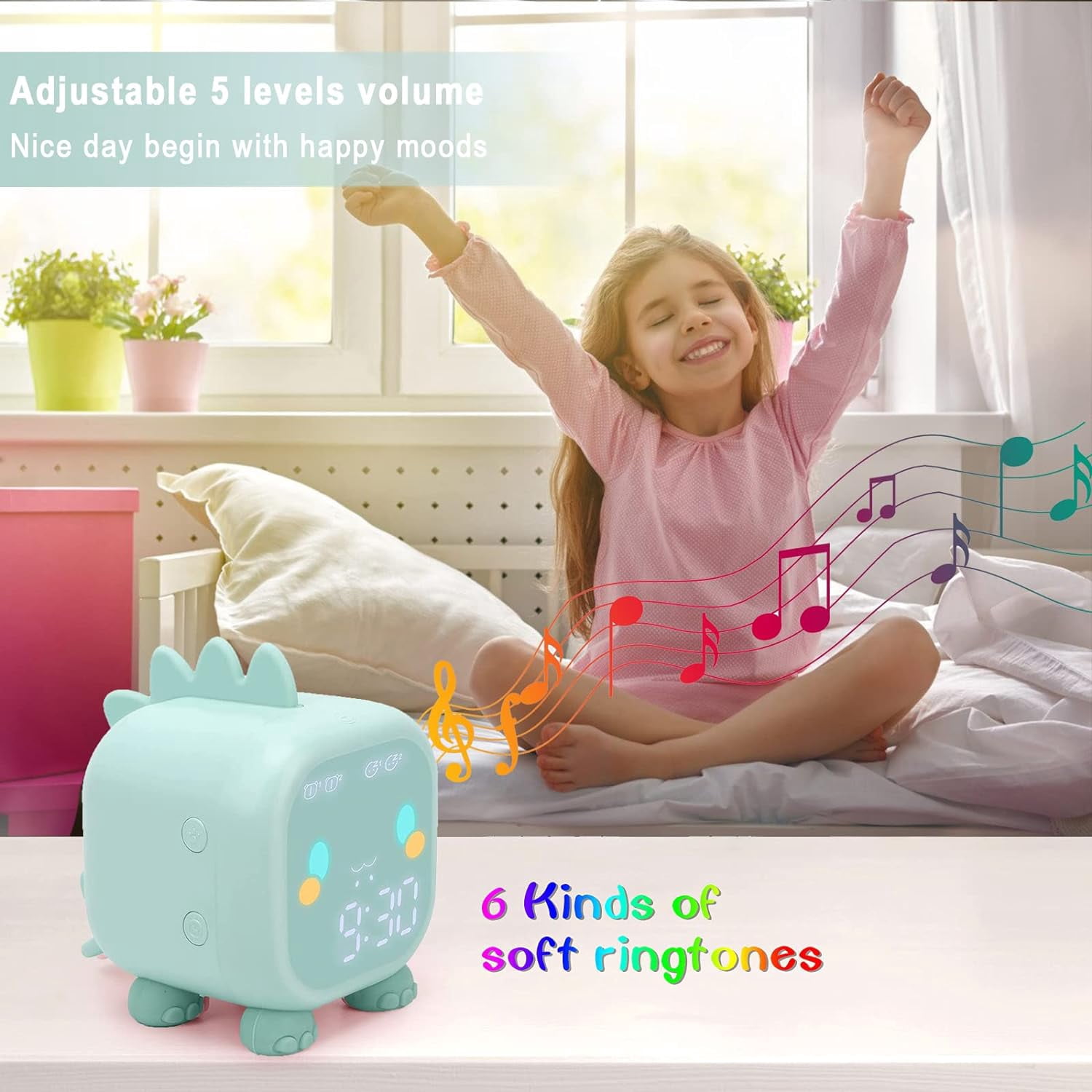 Kids Alarm Clock for Bedroom, Digital Alarm Clock for Kids, Toddler Sleep Training Clock with Night Lights, Bluetooth Digital Alarm Clock, Wake Up Light with USB for Boys Girls Birthday Gifts