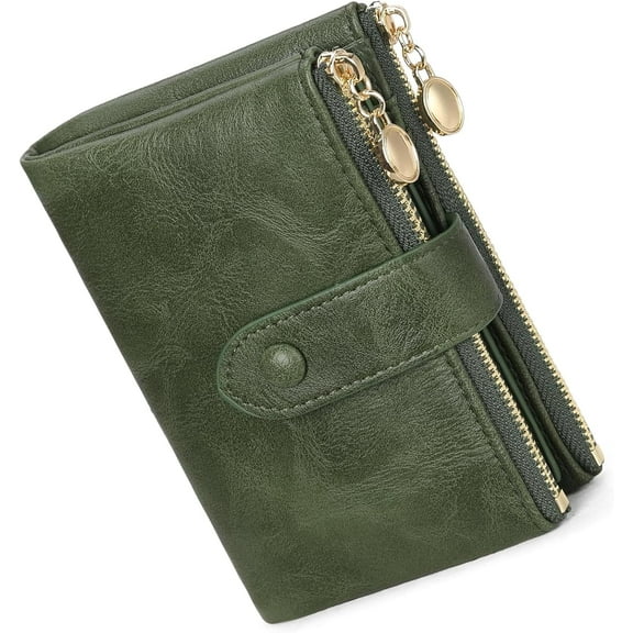 Small Wallets for Women Leather RFID Blocking Bifold Double Zipper Pockets Wallet Card Case Purse with 2 ID Windows