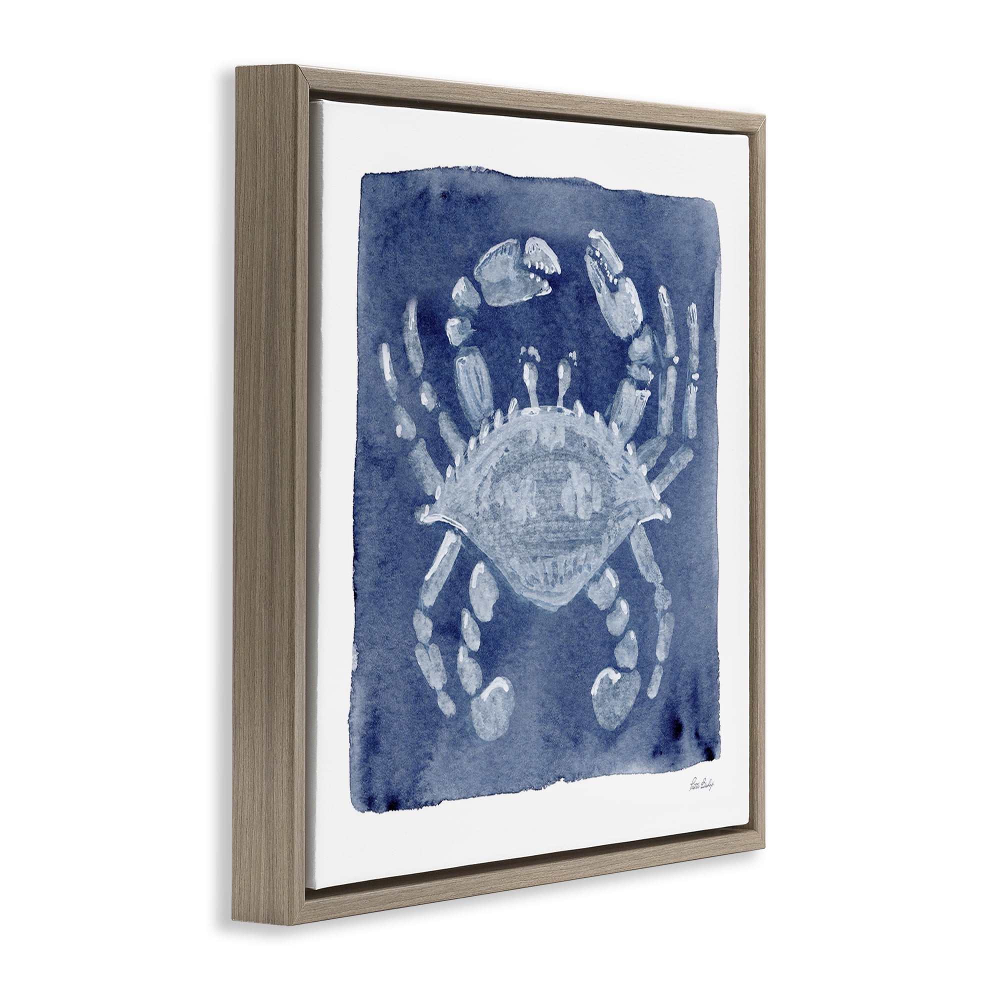 Stupell Industries White Crab on Indigo Brown Framed Floater Canvas Wall Art, design by Patti Bishop
