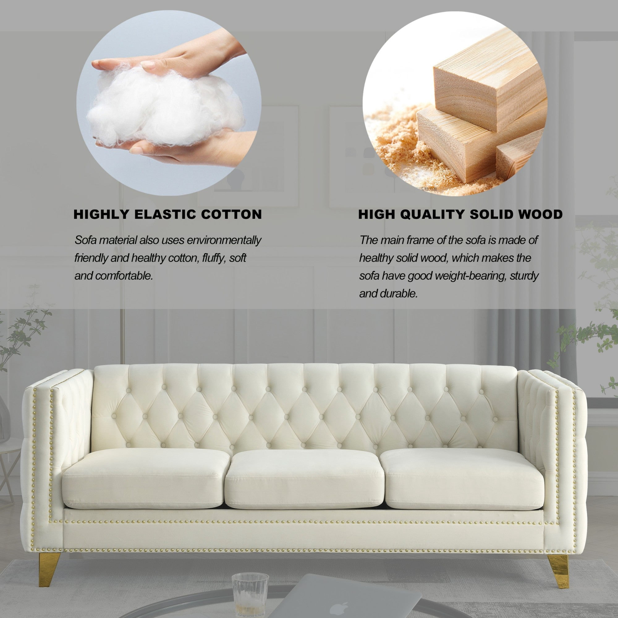 Sailvan 67" Modern Velvet Sofa, Button Tufted Chesterfield 3-Seater Couch with Nailhead Trim and Metal Legs for Living Room Beige
