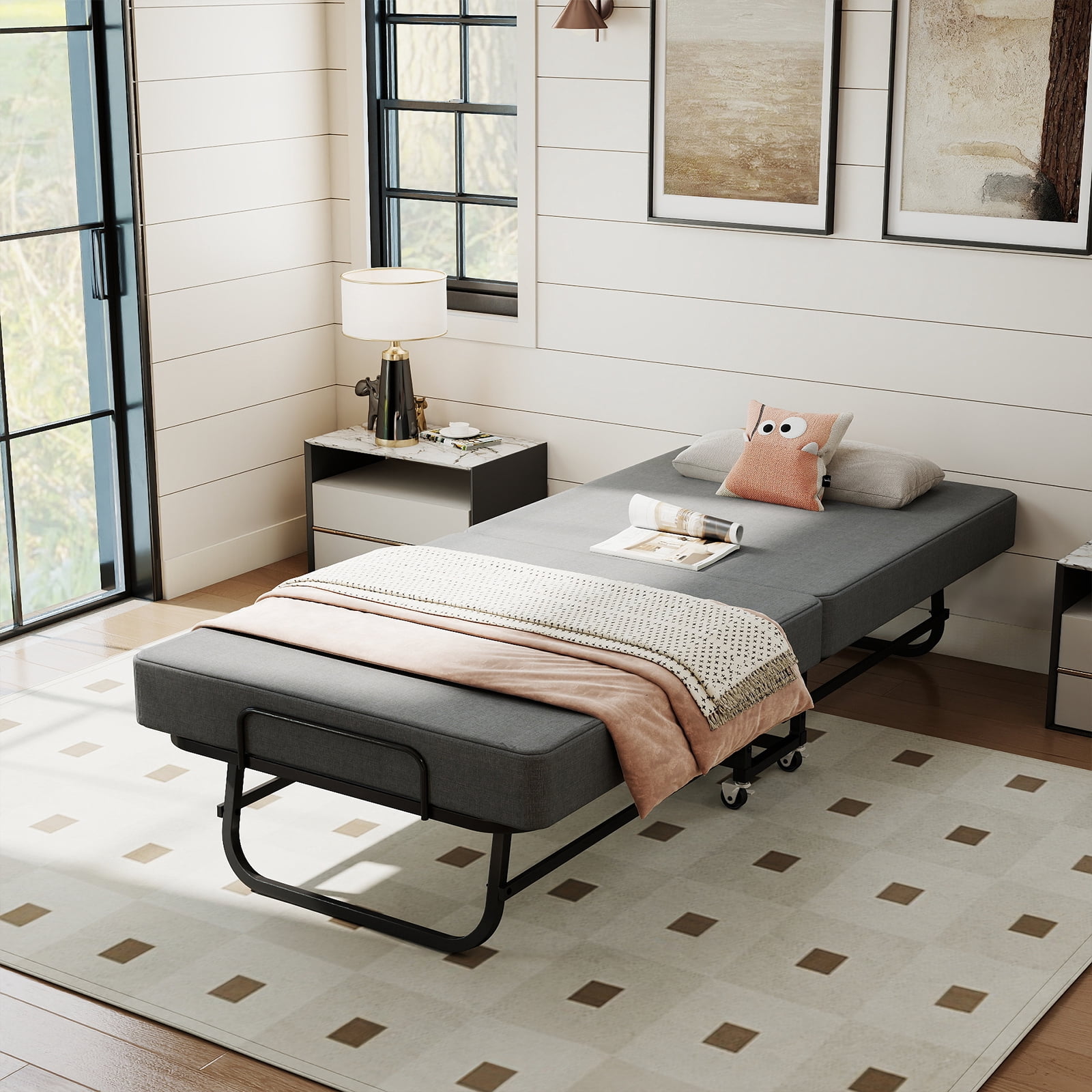 Mintazer 75"X31" Foldable Folding Guest Bed with 3" Memory Foam Mattress, Heavy-Duty Metal Frame Portable Cot with Lockable Wheels for Guests Office Camping