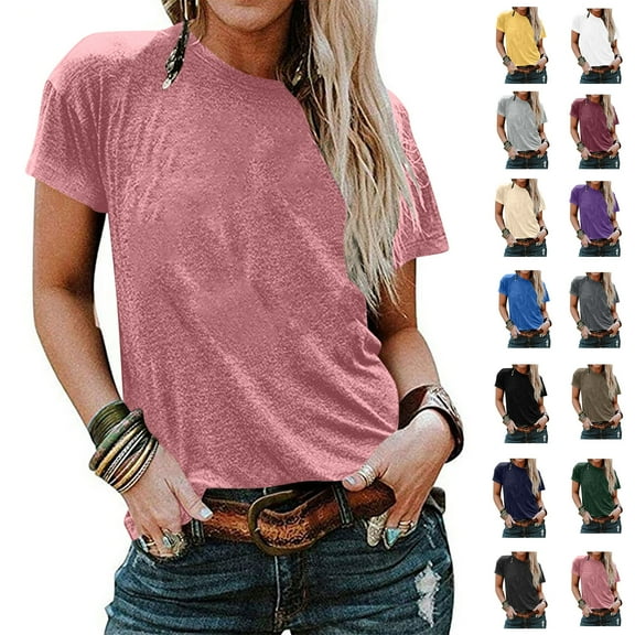 Womens Tops 2025 New Plus Size Fashion Round Neck Short Sleeve Loose Solid Color T Shirt Tunic Summer Shirt Blouse