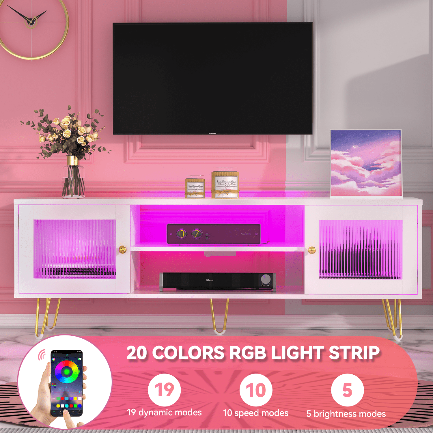 Behost Modern TV Stand for 65 Inch TV with LED Light & Power Outlets, Entertainment Center TV Cabinets for Living Room, White