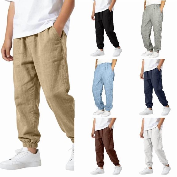 EYNMVR Kids Boys Linen Pants Summer Casual High Waisted Drawstring White Beach Pant 14-15 Years
