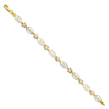 14k Tri Colored Tone Italian Solid Gold Quinceanera 15 Anos Oval & Heart Round CZ Links Diamond Cut Bracelet 7.25 inch