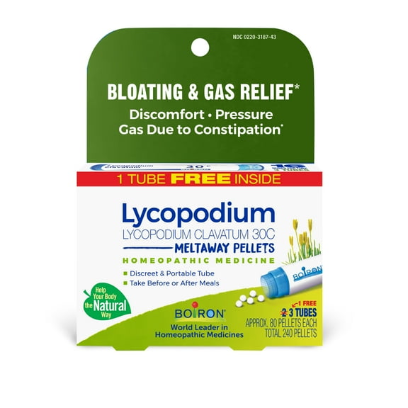 Boiron Lycopodium Clavatum 30C Bonus Pack, Homeopathic Medicine for Bloating & Gas Relief, Discomfort, Pressure Gas Due to Constipation, 240 Pellets
