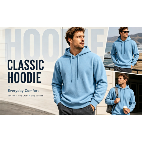 NEBWOAK Men's Pullover Hoodie, Long Sleeve Casual Hooded Sweatshirt Soft Top,Light Blue,Size L