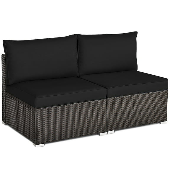 Killeryuki 2PCS Patio Rattan Armless Sofa Sectional Furniture Conversation W/Black Cushion