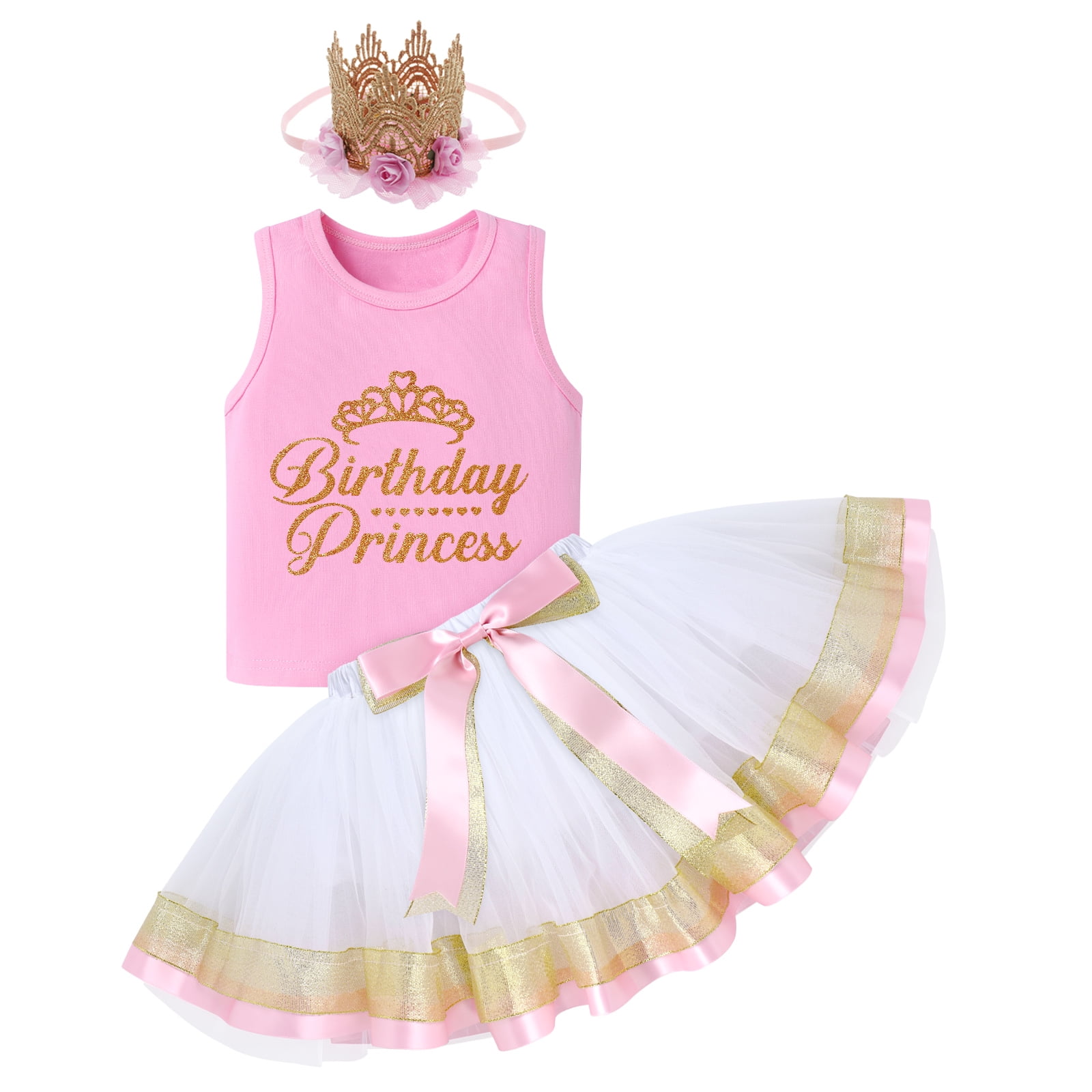 IBTOM CASTLE Toddler Baby Girls Princess Birthday Outfits Sleeveless Printed Vest Tops+Tulle Tutu Dress+Flower Crown Party Clothes 12-18 Months Pink & White
