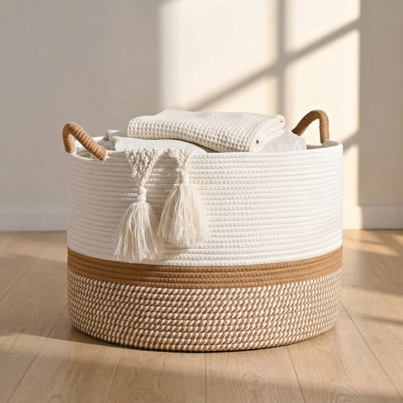 Large Blanket Basket (20"x13"),Cotton Rope Blanket Basket for Living Room, Laundry, Nursery, Pillows, (White/Brown)