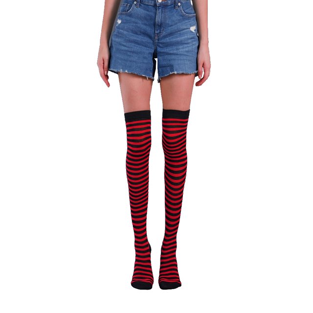 Qarigey Paquete de 2 calcetines a rayas de talla grande hasta el muslo, transpirabilidad, apariencia única y flexible, calcetines antideslizantes, Medias negro rojo