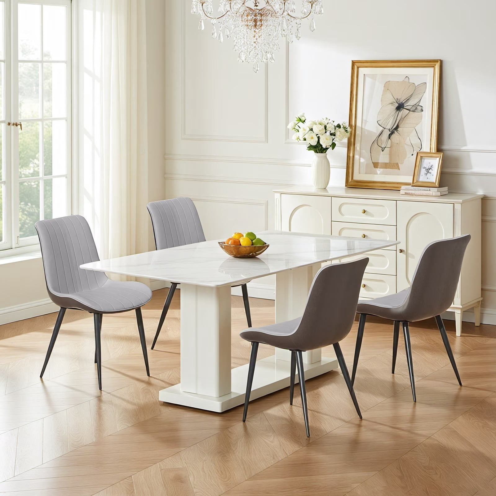 PU Leather Dining Chairs Set of 6, Light Grey & Dark Grey Wave Pattern Upholstered Kitchen Chairs with Metal Legs, Modern Armless Side Chairs for Dining Room, Restaurant, Living Room