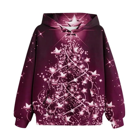 

Meresysid Kids Toddler Infant Hooded Sweatshirts Long Sleeve Christmas Tree Print Crewneck Top Purple